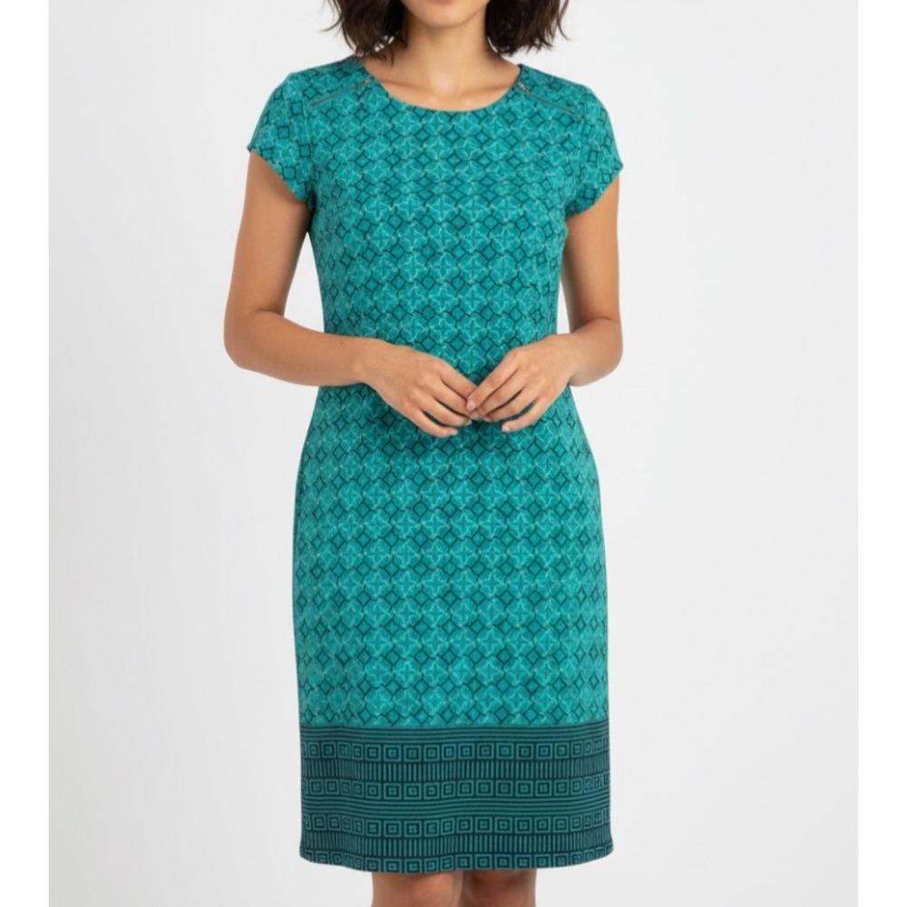 MARKET & SPRUCE Lined STRETCH KNIT Green GEOMETRIC PRINT Button SHEATH DRESS XS